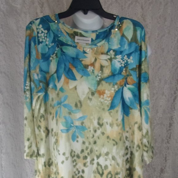 Alfred Dunner Tops - Alfred Dunner Knit Floral Top Turquoise Blues Beige NWOT Size L